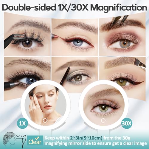 30x/1x Magnifying Travel Mirror with Light, Double-Sided Rechargeable Adjustable Brightness 3 Colour Lighting, Folding, Handheld/Hangable/Tabletop, 3 Ways Using Mirror, White - color: White-travel