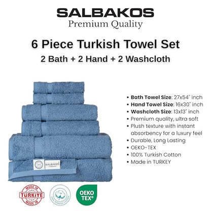 SALBAKOS 100% Turkish Cotton Bathroom Towel Set of 6-Piece, Blue | 630 Gsm Thick Super Soft Highly Absorbent 2 Bath + 2 Hand + 2 Washcloth Towels Sets, Giftable, Hotel Quality, Made in Turkey - color: Blue, size: 6 Piece Towel Set