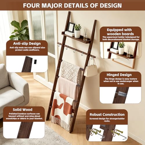 6-Tier Farmhouse Wooden Blanket Ladder with Shelf and Hooks Dark Brown | Rustic Quilt Towel Rack Decorative Holder Wall Leaning Storage with for Living Room Bedroom Decor
