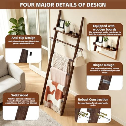 6-Tier Farmhouse Wooden Blanket Ladder with Shelf and Hooks Dark Brown | Rustic Quilt Towel Rack Decorative Holder Wall Leaning Storage with for Living Room Bedroom Decor