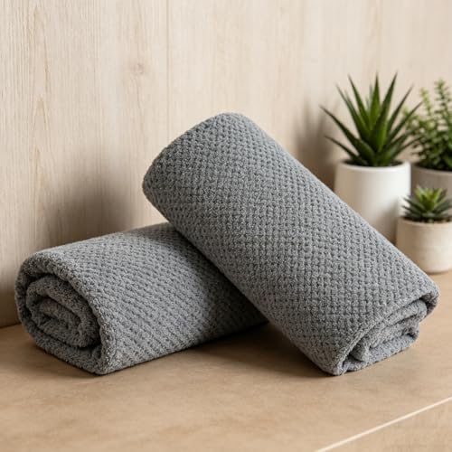 2 Pcs Gray Hand Towel Set 16"x31" Soft Highly Absorbent Quick Dry Bathroom Towels Polyester Plush Towels Set Woven Towels for Bathroom Kitchen Hotel Spa Gym - color: Gray, size: 2 Pcs Hand Towel