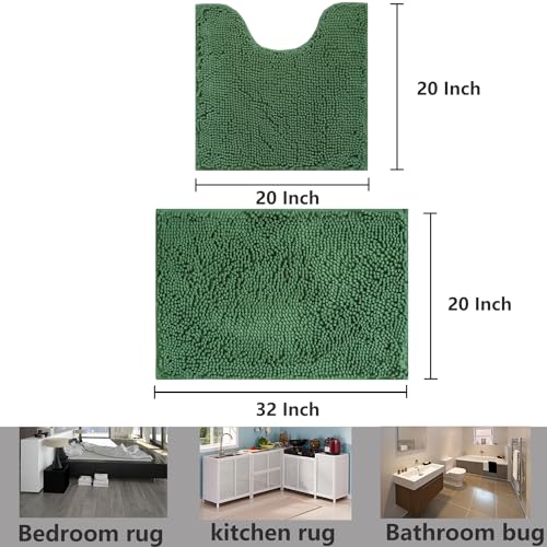 Bathroom Rugs Chenille, Extra Thick and Absorbent, Non-Slip, Machine Washable, Dry Quckily, Soft Cozy Plush, Used Under Shower Bathtub and Sink, Bath mat Sets Dark Green - color: Dark Green, size: 20 x 32 inch + 20 x 20 inch (U-Shape)