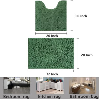 Bathroom Rugs Chenille, Extra Thick and Absorbent, Non-Slip, Machine Washable, Dry Quckily, Soft Cozy Plush, Used Under Shower Bathtub and Sink, Bath mat Sets Dark Green - color: Dark Green, size: 20 x 32 inch + 20 x 20 inch (U-Shape)