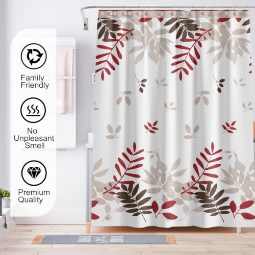 TIKABC Shower Curtain Liner, 4G PEVA Shower Liner, Plastic Waterproof Shower Curtains, 72x72 inch with Grommet Holes 3 Magnetic Weights - color: Red Leaves