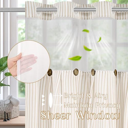 ASPMIZ Farmhouse Striped Shower Curtain and Liner Set No Hook, Beige 71x74 | No Hook Shower Curtain with Snap in Liner Fabric, Rustic Washable Waterproof Bathroom Curtains with Button, Mesh Top Window - color: Beige Striped, size: 71"W x 74"L (Pack of 1),