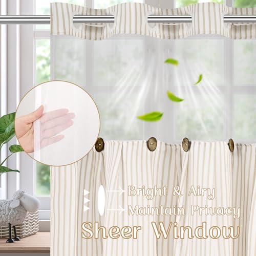 ASPMIZ Farmhouse Striped Shower Curtain and Liner Set No Hook, Beige 71x86 | No Hook Shower Curtain with Snap in Liner Fabric, Rustic Washable Waterproof Bathroom Curtains with Button, Mesh Top Window - color: Beige Striped, size: 71"W x 86"L (Pack of 1),
