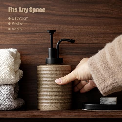 Ceramic Soap Dispenser, Matte Stoneware, Fixed Spout Pump, Modern Minimal Style, for Bathroom and Kitchen Countertop