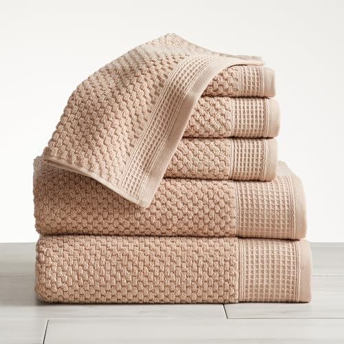 Belle Collection 100% Cotton Waffle Textured 6 Piece Towel Set | Super Soft Quick Dry Bath & Hand Towels, Washcloths | Beige - color: Beige, size: 6 Piece Set