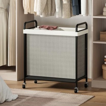 WOWLIVE Rolling Laundry Hamper 2 Section, 100L Laundry Basket with Wheels | Double Laundry Sorter with Metal Handle and Removable Bag, Large Clothes Hamper for Laundry Room, Bathroom and Dorm, Beige - size: 2-Section
