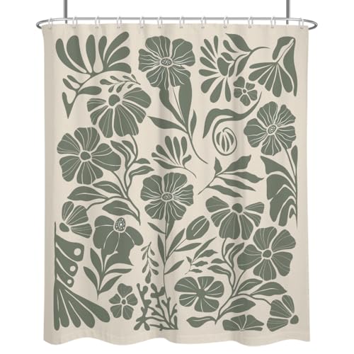 84" Extra Long Bathroom Shower Curtain, Sage Green Boho Wildflower Floral Design, 72x84 Inch Polyester Fabric with 12 Hooks - color: Green, size: 72"W x 84"L (Pack of 1)