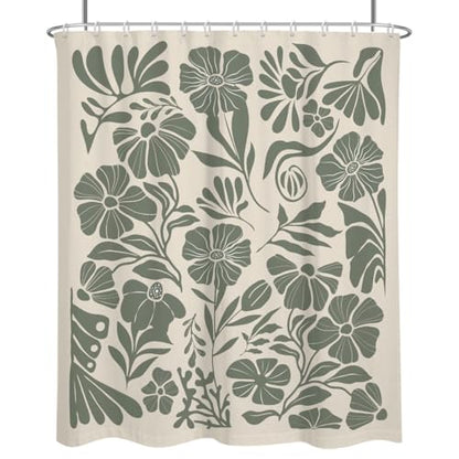 84" Extra Long Bathroom Shower Curtain, Sage Green Boho Wildflower Floral Design, 72x84 Inch Polyester Fabric with 12 Hooks - color: Green, size: 72"W x 84"L (Pack of 1)
