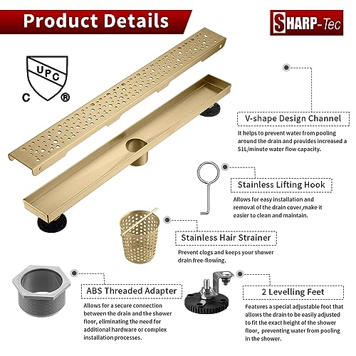 Sharp-tec 48 inch Linear Shower Drain, Golden Linear Drain with cUPC Certification, 304 Stainless Steel Shower Drain Easy to Install and Clean for Bathroom Shower Room, ST-099-48G - color: Gold, size: 48 inch