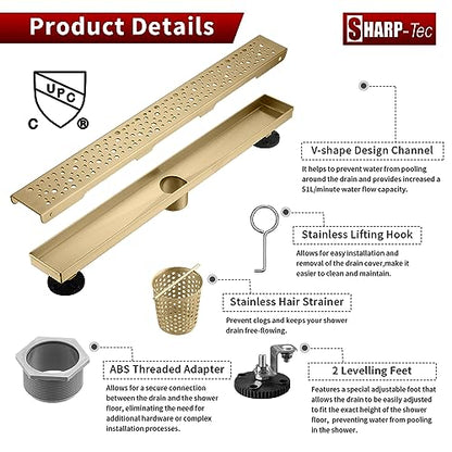 Sharp-tec 48 inch Linear Shower Drain, Golden Linear Drain with cUPC Certification, 304 Stainless Steel Shower Drain Easy to Install and Clean for Bathroom Shower Room, ST-099-48G - color: Gold, size: 48 inch