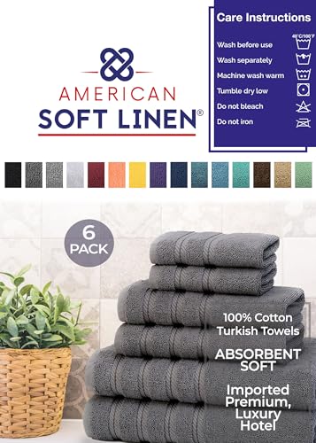 American Soft Linen 100% Carde Cotton 6 Piece Towel Set, 590 GSM Heavy Weight Soft Absorbent Turkish Towels for Bathroom, Smoke Grey - color: Smoke Gray