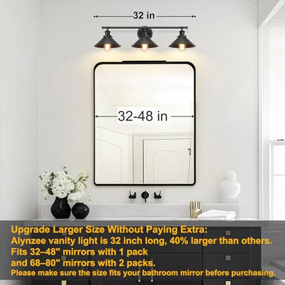 Upgrade Black Farmhouse Bathroom Light Fixtures, Vanity Lights for Bathroom | 32" Larger Size, Solid Metal Shade, Matte Black Vanity Light, 32"-48" Mirror, 3-Light Rustic Industrial Kitchen Wall Sconce - size: 3-Light