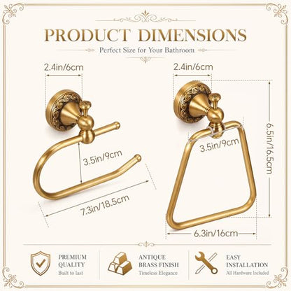 2 Pcs Antique Brass Toilet Paper Holder Towel Ring Set, Vintage Bathroom Hardware, Wall Mounted Toilet Tissue Holder Hand Towel Ring, Rustproof Brass Bathroom Accessories(Style 3) - style: Style 3