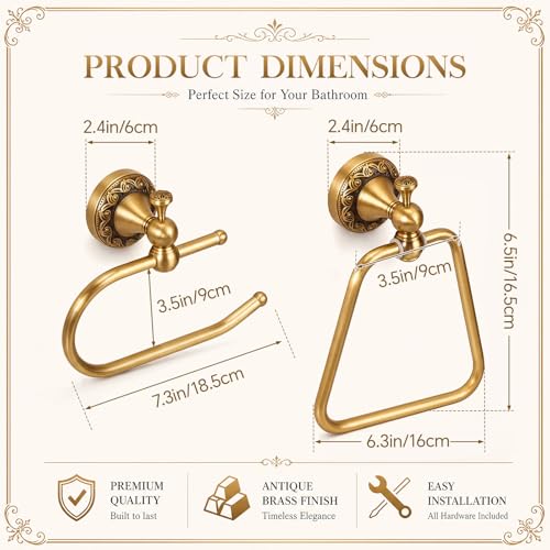 2 Pcs Antique Brass Toilet Paper Holder Towel Ring Set, Vintage Bathroom Hardware, Wall Mounted Toilet Tissue Holder Hand Towel Ring, Rustproof Brass Bathroom Accessories(Style 3) - style: Style 3
