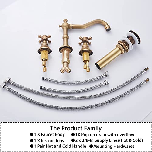 8 inch 2 Handles 3 Holes Widespread Bathroom Sink Faucet Antique Brass Bathroom Vanity Faucet Basin Mixer Tap Faucet Matching Metal Pop Up Drain with Overflow - color: Antique Brass, style: Metal Cover