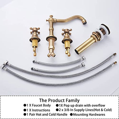 8 inch 2 Handles 3 Holes Widespread Bathroom Sink Faucet Antique Brass Bathroom Vanity Faucet Basin Mixer Tap Faucet Matching Metal Pop Up Drain with Overflow - color: Antique Brass, style: Metal Cover