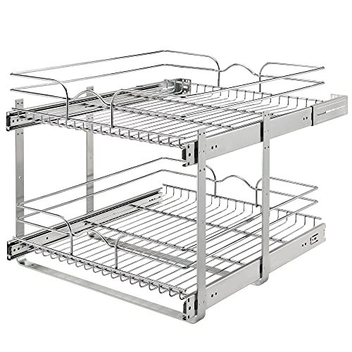 Rev-A-Shelf 2-Tier Pullout Shelf and Drawer Organizer for Kitchen Cabinets, Slide Out Storage Basket, Min Opening Width of 20.5", 21" x 22", 5WB2-2122CR-1 - size: 21" W x 22"D, style: Two Tier