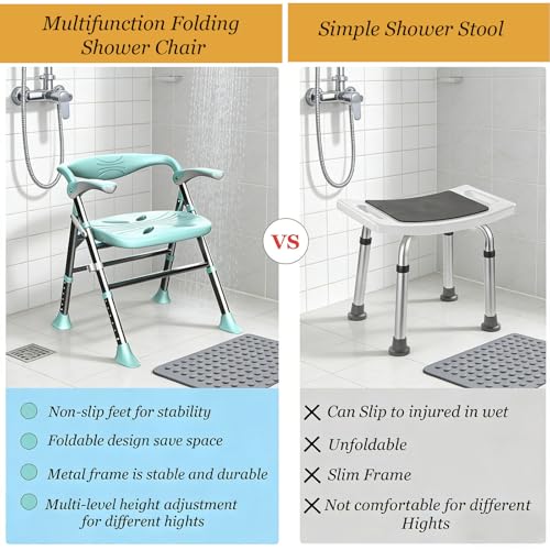 Shower Chair, Shower Chair for Elderly & Disabled, Heavy Duty Bath Stool with Arms and Back, Adjustable Height, Non-Slip Shower Bench Seat, Safe Foldable Bath Assist for Seniors Inside Bathtub Shower