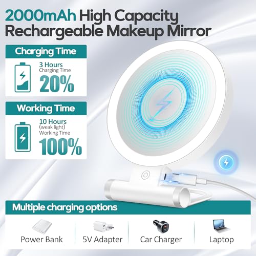 Magnifying Mirror with Light 30X, Double-Sided 1X/ 30X Magnifying Makeup Mirror with Tweezer, 2000mAh 3 Colour Modes with Adjustable Brightness,Foldable Travel Mirror(9" L x 7" W) - color: White