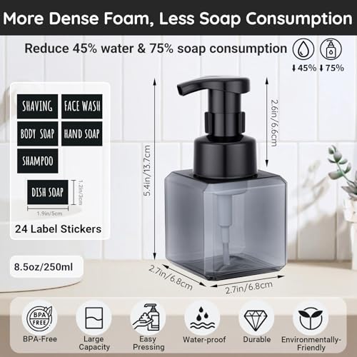 Segbeauty Refillable Foaming Hand Soap Dispenser 8.5oz 8pcs, Square Foam Bottle Container with Waterproof Stickers, Plastic Foam Pump Bottle Gray 250ml, Foaming Bathroom Countertop Soap Dispensers - color: Gray, style: 8pcs 8.5oz