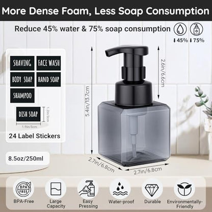 Segbeauty Refillable Foaming Hand Soap Dispenser 8.5oz 8pcs, Square Foam Bottle Container with Waterproof Stickers, Plastic Foam Pump Bottle Gray 250ml, Foaming Bathroom Countertop Soap Dispensers - color: Gray, style: 8pcs 8.5oz