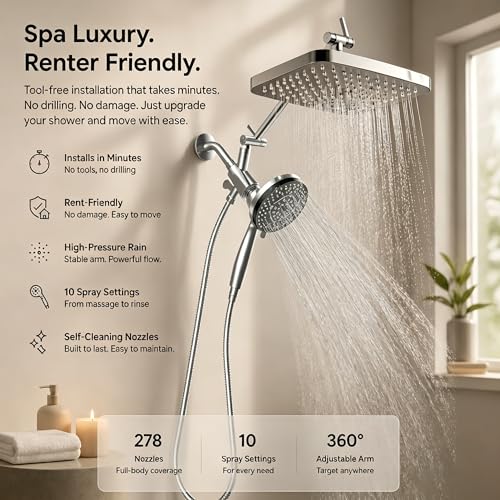 High Pressure Shower Head with Handheld, Upgrade Rain Shower Heads with Fixed Showerhead Combo, 10 Sprays Handheld Shower Head Built in Power Jets, 71" Long Hose, Chrome Silver - color: Chrome