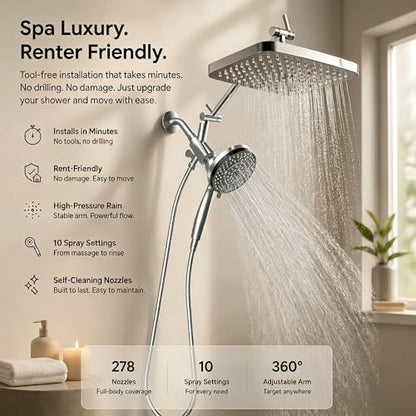 High Pressure Shower Head with Handheld, Upgrade Rain Shower Heads with Fixed Showerhead Combo, 10 Sprays Handheld Shower Head Built in Power Jets, 71" Long Hose, Chrome Silver - color: Chrome
