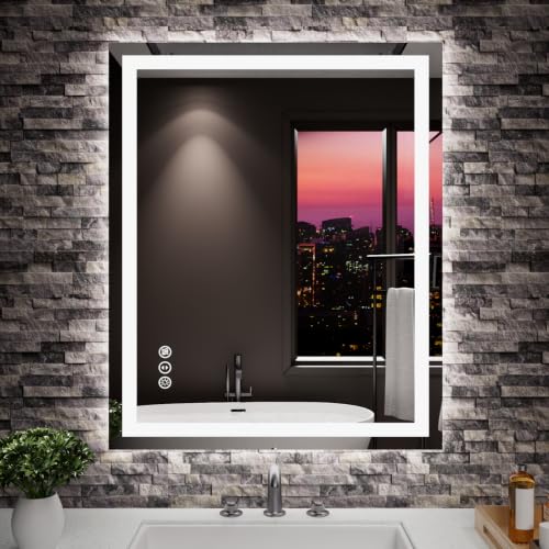 Amorho LED Mirror for Bathroom, 24"x30" with Front Light and Backlight | Stepless Dimmable, Anti-Fog, Shatter-Proof, HD Reflection, Memory, 3 Colors Lighting, UL Listed (Horizontal/Vertical). - color: Front and Backlit, size: 30"L x 24"W