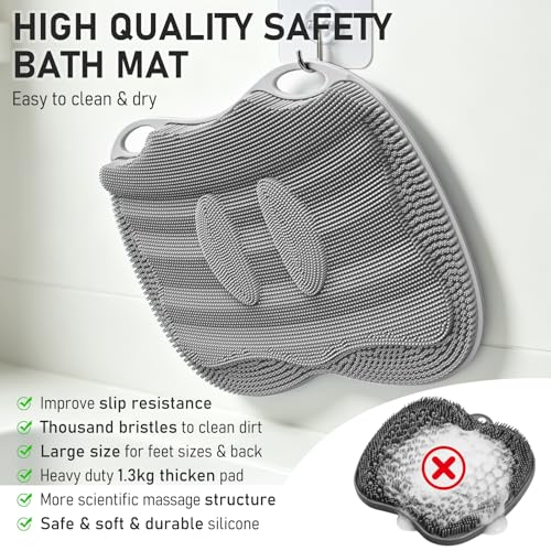 Shower Foot Scrubber Mat in Shower, XL Silicone 3D Feet Bath Washer | For Shower Floor Bathtub Non-slip Suction Cups without Bending, Upgraded Brush Massage Exfoliate Toes Cleaner, 17.4*13" Grey - color: 17*13.39" Grey