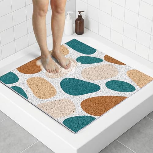 Square Loofah Shower Mat Non Slip, 27"x27"- Soft PVC Loofah Bath Mat for Bathroom, Quick Drying Foot Scrubber Mats for Inside Shower with Soft Comfort Textured Surface, Khaki Stone - color: Khaki Stone, size: 27" x 27" (Square)