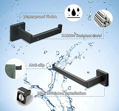 SHUNLI Black Toilet Paper Holder + Hand Towel Holder, 2 Pieces Bathroom Hardware Accessories Set, Towel Ring Towel Bar Wall Mounted, SUS304 Stainless Steel - color: Black