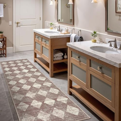 Checkered Kitchen Runner Rug 2x6 Beige, Non Slip Washable Hallway Bathroom - color: Beige, size: 2' x 6' (Runner)