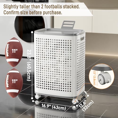 Plastic Laundry Basket on Wheels with Lid & Handle, Large | Ventilated,rolling clothes hamper, storage for laundry room, dorm,bathroom, bedroom, playroom, game room, lightweight, White - size: Large