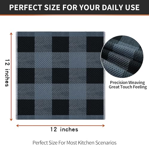 Homaxy 100% Cotton Check 6 Pack Dish Cloths, 12" x 12", Black & Grey | Waffle Weave, Plaid, Super Soft and Absorbent Dish Rags, Quick Drying, Multi-Purpose - color: Black & Grey, size: 12 x 12 - 6 Pack