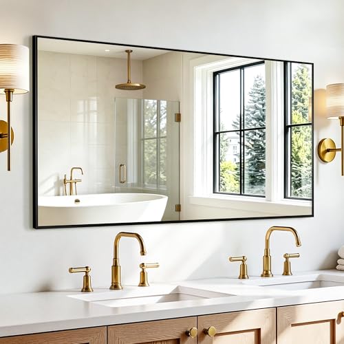 Rectangular Bathroom Mirror, 60"x30" Black Metal Framed Vanity Mirror, HD Shatterproof Wall Mirror, Horizontal or Vertical Hanging, Easy Installation for Bathroom, Bedroom, Living Room, Entryway - color: Black, size: 60"L x 30"W