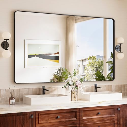 Black Vanity Mirror 60x36,Bathroom Mirror Framed Seamless,Tempered Glass,Rectangle Mirror for Bathroom,Shatterproof Bathroom Wall Mirror(Horizontal/Vertical) - color: Matte Black, size: 36"L x 60"W