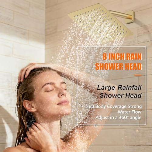 Shower System Modern Rain 8 inches Brass Faucet Set With Valve and Diverter Shower Mixer With Handheld High Pressure Square Rainfall Shower Valve (8'' Wall Mount, Brushed Gold) - color: Brushed Gold, style: 8'' Wall Mount
