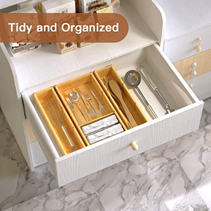 DUJEN Bamboo Drawer Organizer 12.5'' X 12.5'' X 2'', Adjustable 3 Individual Junk Drawer organizer for Bathroom and Kitchen, Wood Drawer Tea Organier Boxes for Silverware, Make up and Tea Bag - size: 1 piece 12.5X6.2 & 2 pieces 12.5X3.1