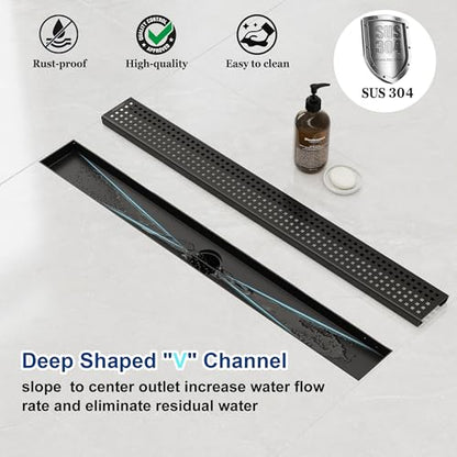 Neodrain 24" Linear Shower Drain, Matte Black 304 SS Bathroom Linear Drain | Black Shower Drain with Quadrato Grate& Adjustable Feet, Long Rectangle Shower Floor Drain in Bathroom, Balcony etc,cUPC - color: Matte Black, size: 24 In