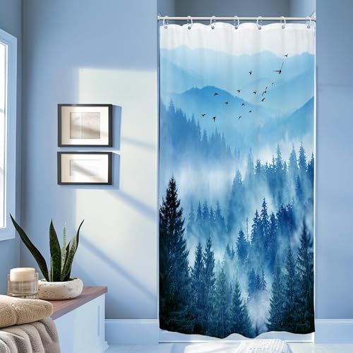 Riyidecor Stall Half Small Rv Blue Mountain Bathroom Shower Curtain Set | 36"W x 72"L shower curtain， Single Up: HD waterproof print, quick-dry cloth, free hooks for easy installation. - color: A-02blue, size: 36"W x 72"L (Pack of 1)