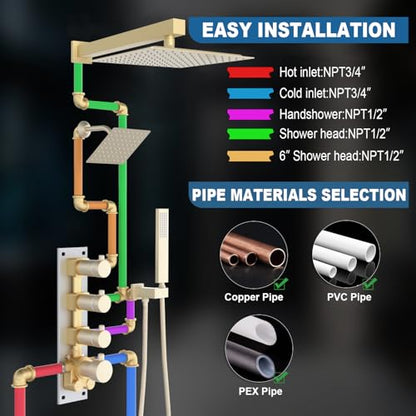 Enga Thermostatic Dual Shower System, 12"+6" Wall Mount Dual Rain Shower Faucet, All Functions Use Together & Volume Adjustable, Brushed Gold - color: Brushed Gold, style: ‎12"+6" Head