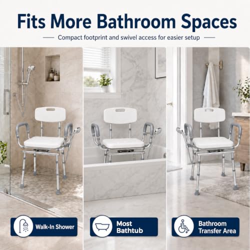 Swivel Shower Chair for Elderly and Disabled, Adjustable Height | 450 lb Shower Chair for inside Shower tub; Heavy Duty Shower Chair with Arms and back