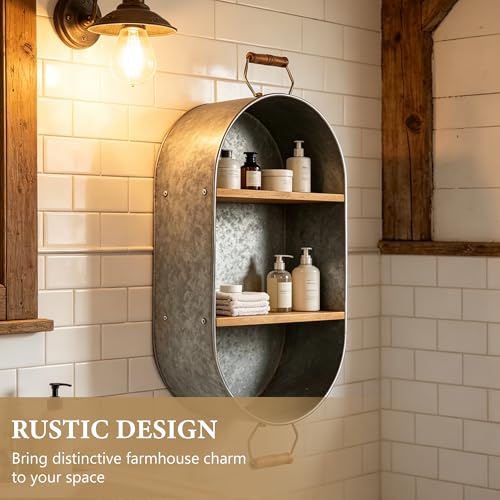 Oakrain Farmhouse Towel Rack, Wood Wall Shelf Galvanized Wash Tub | Rustic Towel Holder, Decorative Hanging Shelf for Bathroom, Lavatory, Entryway - size: R-Oval