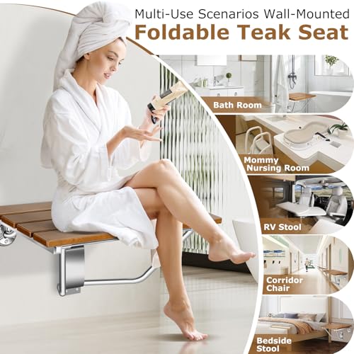 20" Wall Mounted Folding Shower Seat Stainless Steel Frame Space Saving | Teak Foldable Shower Chair for Elderly, Pregnant, Disabled, Kids (Max 500lb) - size: 20 inches Teak shower bench