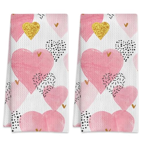 2 Pack Hand Towels Pink Watercolor Hearts Kitchen Towel Absorbent Decorative Towels Set for Drying,Cleaning,Cooking,Bathroom,Holiday 16x24 Inches - color: Pink Watercolor Hearts