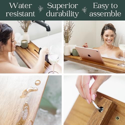 Premium Nature Shed Bathtub Tray for Freestanding Bath | Large & Thick 35” Acacia Wood Luxury Bath Tray for Tub | Anti-Tip, Non-Toxic, Adjustable Bathtub Trays for Tub with Bathroom Accessories Holder - size: Long (35x9x2.4 in)