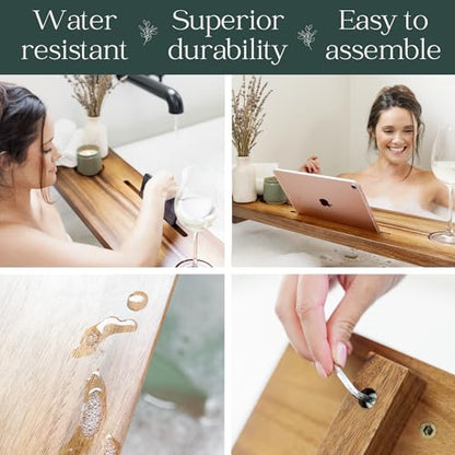 Premium Nature Shed Bathtub Tray for Freestanding Bath | Large & Thick 35” Acacia Wood Luxury Bath Tray for Tub | Anti-Tip, Non-Toxic, Adjustable Bathtub Trays for Tub with Bathroom Accessories Holder - size: Long (35x9x2.4 in)